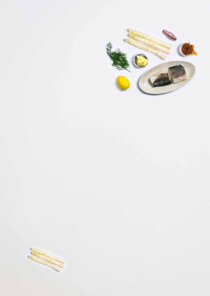 Pannestekt torskeloin Sitronglasert hvit asparges og sprø Suldalskinke Tore: Hvit asparges i sesong med smør og sitron er knallgodt sammen med torsk Ingredienser - For stor familiekasse må