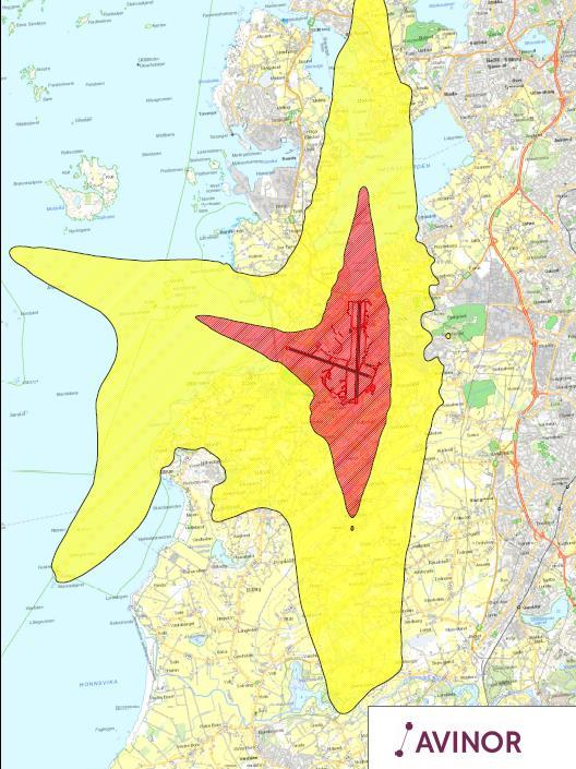 Flystøy Støysone rød (>62Lden) dekker ca 13km² og en stor del av Solakrossen. Støysone gul (>52Lden) dekker ca 77 km2.