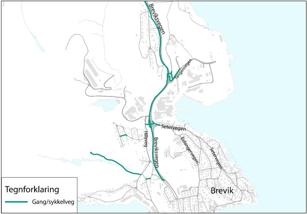 Figur 8: Gang- og sykkelveier i området. Kilde: Nasjonal vegdatabank (NVDB) og FKB4-wms. Det er boligbebyggelse både nord og sør for krysset Breviksvegen/Hillsveg.
