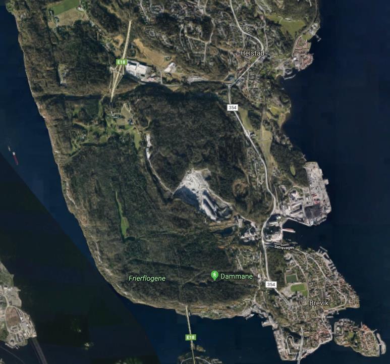 Figur 3: Kart over nedre del av Eidangerhalvøya. Kilde Google Maps. Delområder er inntegnet.