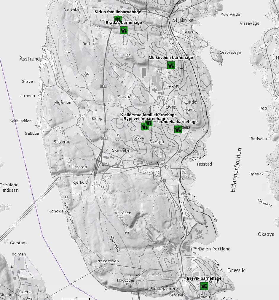 Figur 5: Barnehager på Eidangerhalvøya.