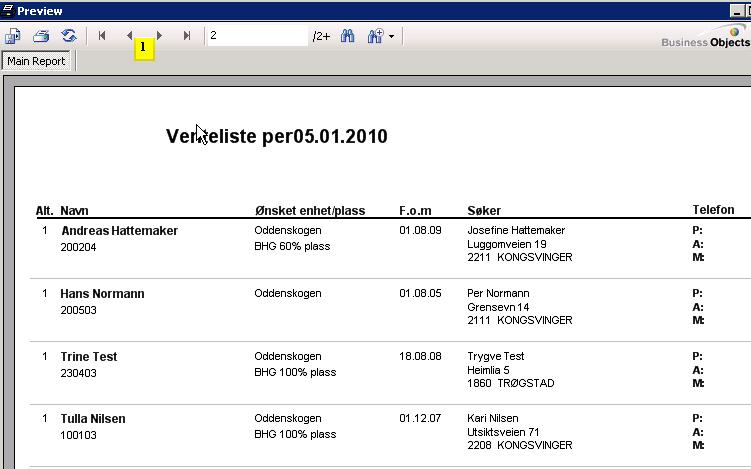 Rapporten tar utgangspunkt i materialet fra resultatet på søket. Går rapporten over flere sider, kan du bla deg frem og tilbake ved hjelp av pilene(1).