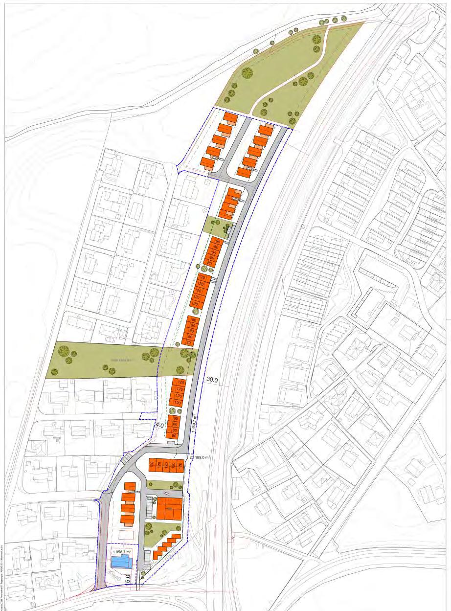 Figur 2 viser illustrasjonsplanen som er benyttet som utgangspunkt for plassering av de planlagte boligbyggene. Tegningen er mottatt fra arkitekt 04.09.