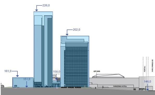 Beskrivelse av planen Sett mot nord. Planlagte byggehøyder Kapasiteten ved hotellet vil øke med 200 rom, til 320. Det nye tårnhuset blir ca. 75 meter høyt, 25 meter høyere enn det eksisterende.