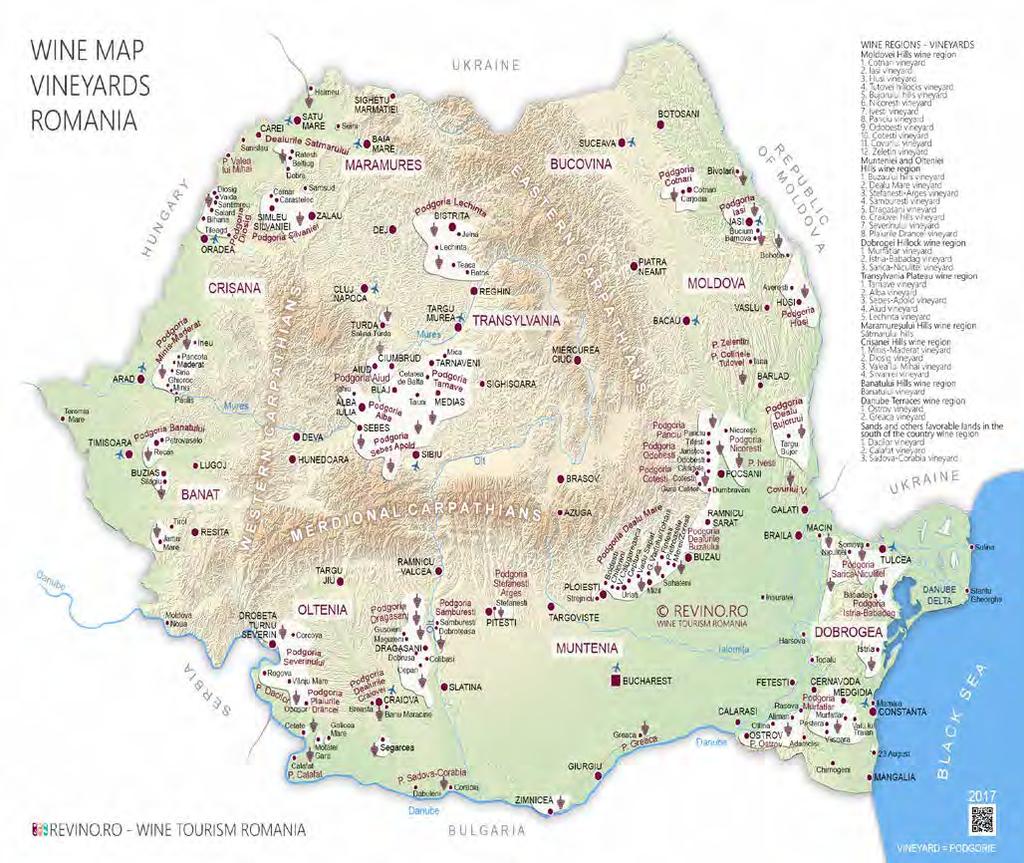 Vinregioner Landet er delt inn i 8 vinregioner: Maramures & Crisana Transylvania Banat Moldovan Hills Dobrogea Danube Terraces Muntenia Oltenia De viktigste vinområdene er lokalisert mellom den