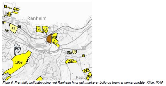 Humlehaugen i Peder Myhres veg, som vist på kart under, er planlagt med ca. 400 boliger og et senterområde.