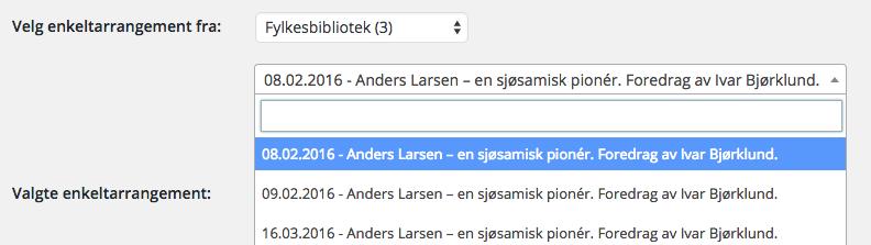 Legg til enkeltarrangement. Tallet i parentes på lista over enkeltarrangement viser det totale antall arrangement som biblioteket har blitt publisert.