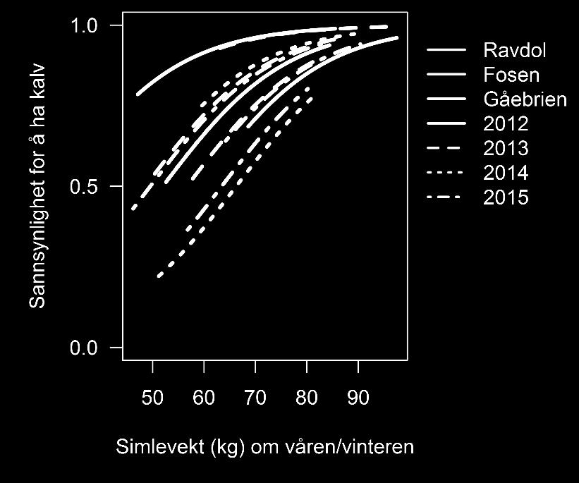 Figur 6. Sannsynlighet for å produsere kalv i forhold til simlevekt om våren/vinteren for Ravdol, Fosen og Gåebrien. Merk at linjen for Fosen i 2014 sammenfaller/ligger under linjen for Ravdol i 2012.