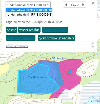 2.5 Områdevalg og søk, søkeresultat 2.5.1 Områdevalg i kartet, forklaring av ID-regime Når du velger et område ved å klikke i kartet, vil området tegnes med en blå signatur.