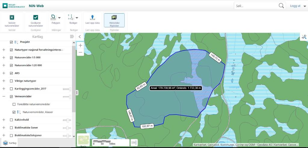 kartlegging med tanke på skogvern, siden forslag til vernegrenser skal tegnes inn i appen og eksporteres i shapeformat. Tegninger i kartet lagres ikke, og de er bare tilgjengelig i inneværende sesjon.