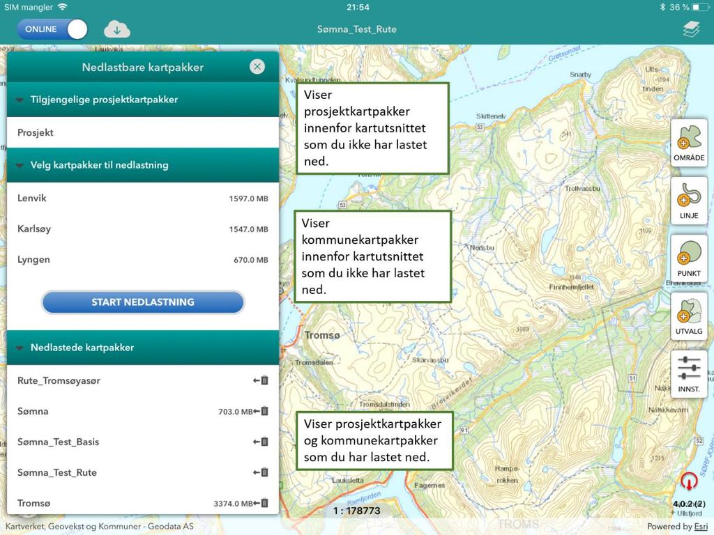 5.2 Laste ned kartpakker Til hvert prosjekt er det på forhånd generert kartpakker som kan lastes ned på enheten og som kan fungere som lokalt bakgrunnskart når du har satt appen i offline modus og