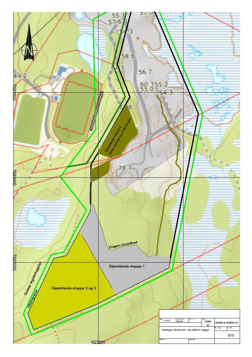 3.1.1 Etappe1 (2017-2023): I dette området blir pallhøyden begrenset med det innerste og høyeste området mellom 15-17 m (Ca. fra kote 70 til kt.