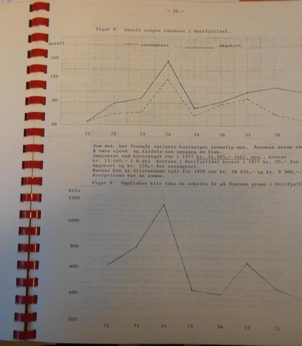 Side 38 av 60 Her fremgår det at oppfisket laks i Hattfjelldal i 1977 var ca. 700 kilo. Samme år ble det solgt fiskekort for kr. 13.440.