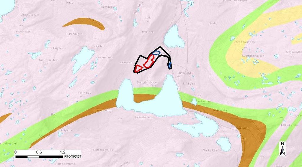 Figur 6.1. Berggrunnskart for området rundt tiltaksområdet. Rosa farge indikerer granittisk gneis og migmatitt. (Kilde: NGU). Figur 6.2.