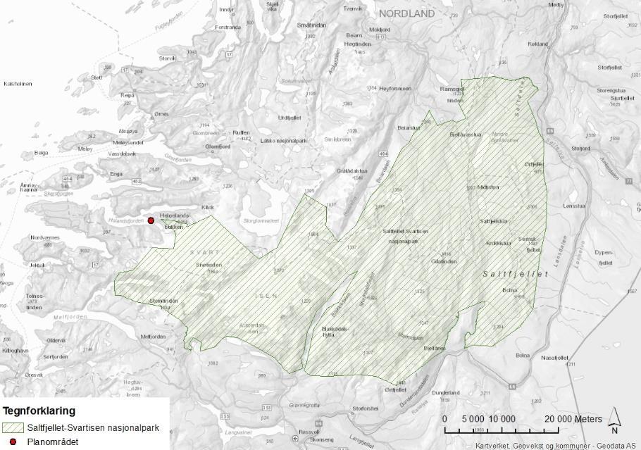 Side 18 av 32 Øst for planområdet ligger Saltfjellet-Svartisen nasjonalpark, se figur 11.