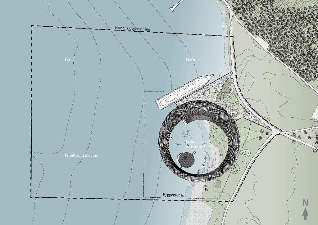 Side 9 av 32 Figur 4 Illustrasjonsplan. Planlagt bebyggelse er en sirkulær form med et samlet bruksareal (BRA) opp mot 15 000 m 2. Havnearealet og brygga er ikke medregnet i bruksarealet.