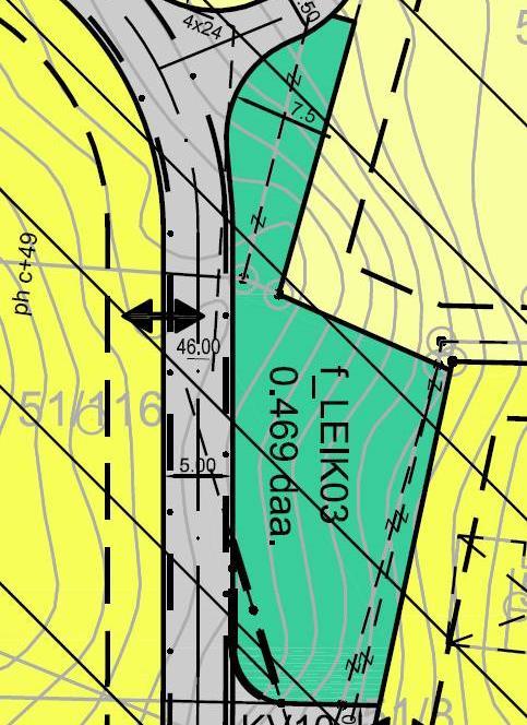 Figur 23: utsnitt av plankart som viser korleis f_lp03 kan opparbeidast på ein god måte. Området markert i blått i figuren til høgre har ein stigning på om lag 1:3,3.