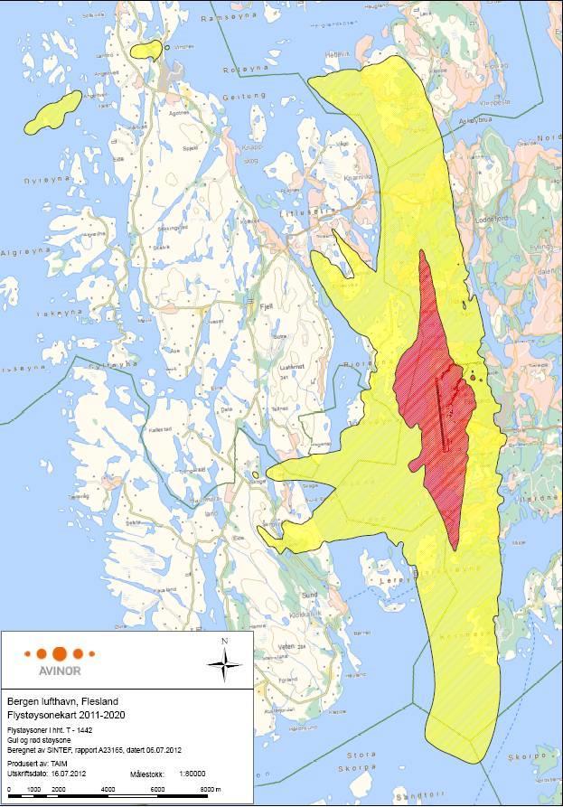 Figur 30: Flystøysoner Flesland Lufthavn (Avinor/SINTEF). I følgje Avinor/SINTEF sine rekningar frå november 2012, ligg planområdet innanfor gul flystøysone for Flesland Lufthamn.