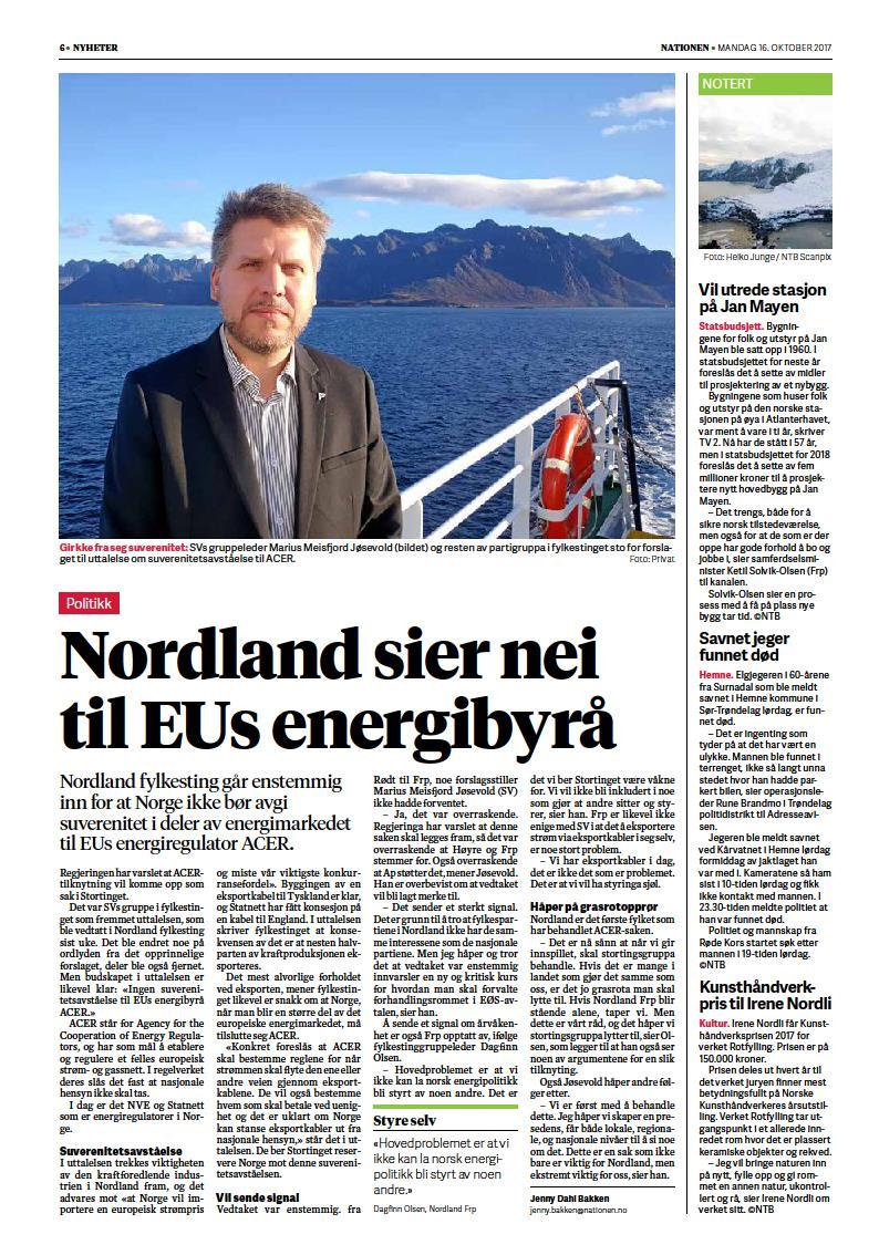 «Ingen suverenitetsavståelse til EUs energiunion» Vedtak i