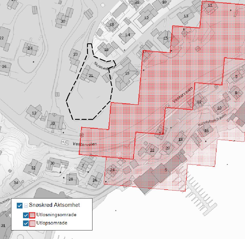 5 Vurdering av skredfare Figur 10. Aktsomhetskart snøskred (kilde www.nve.no). Planområdet markert med stiplet sort strek. 5.