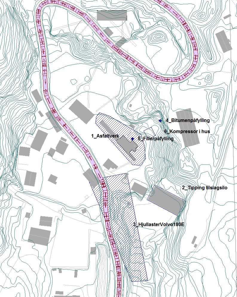 Figur 2 viser Bondkall asfaltverk med eksisterende støykilder. Tabell 3 viser trafikkbelastningen, og i Figur 4 er anleggsmaskiner med driftsintensitet og lydeffekt for de 3 senarioer listet.