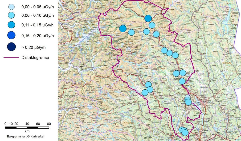 blei det rapportert 30 målingar frå 0,03 til 0,09 µgy/h, og gjennomsnittet i perioden er 0,07 µgy/h. 2.4.