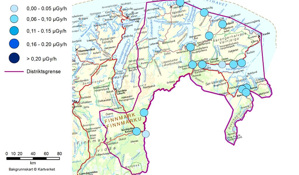 rapportert 68 målingar frå 0,05 til 0,13 µgy/h, og gjennomsnittet i perioden er 0,09 µgy/h. 2.4.