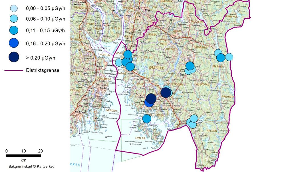 2.4.20 Østfold Sivilforsvarsdistrikt Figur 71: Oversikt over gjennomførte målingar i Østfold I 2017