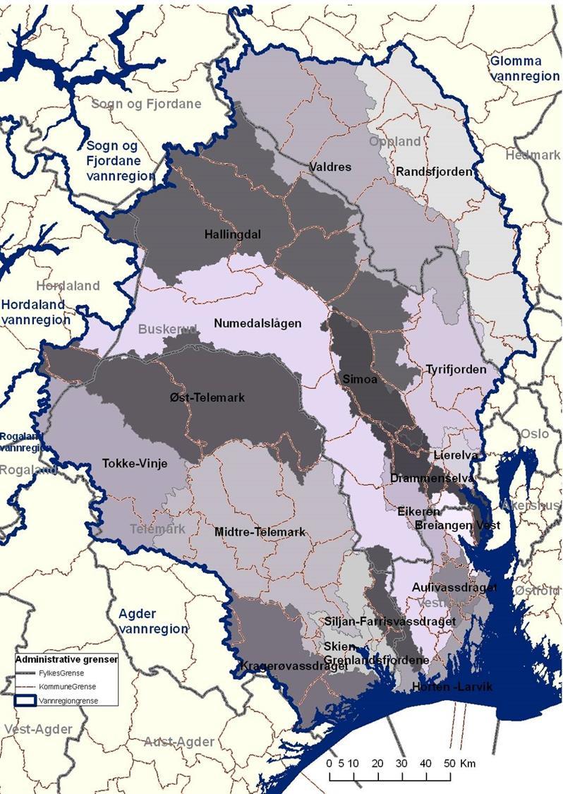 Vannregion Vest-Viken 8 fylker 75 kommuner 18 vannområder 2725 elvevannforekomster 779 innsjøer 76