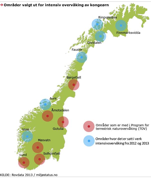 Figur 4. Kart over utvalgte områder for intensiv overvåking av kongeørn i Norge.