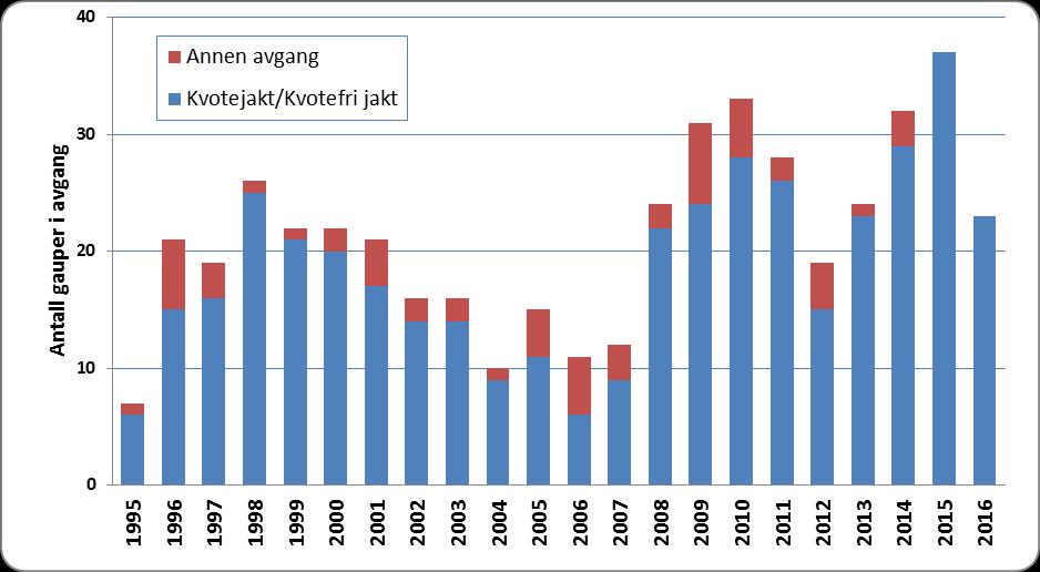 Figur 7. Antall døde gauper (jakt og annen avgang) registrert i region 2 i perioden 1994-2016. Kilde: Rovbasen. Jerv Jerv, i hovedsak hanner, kan sporadisk påtreffes over store deler av regionen.