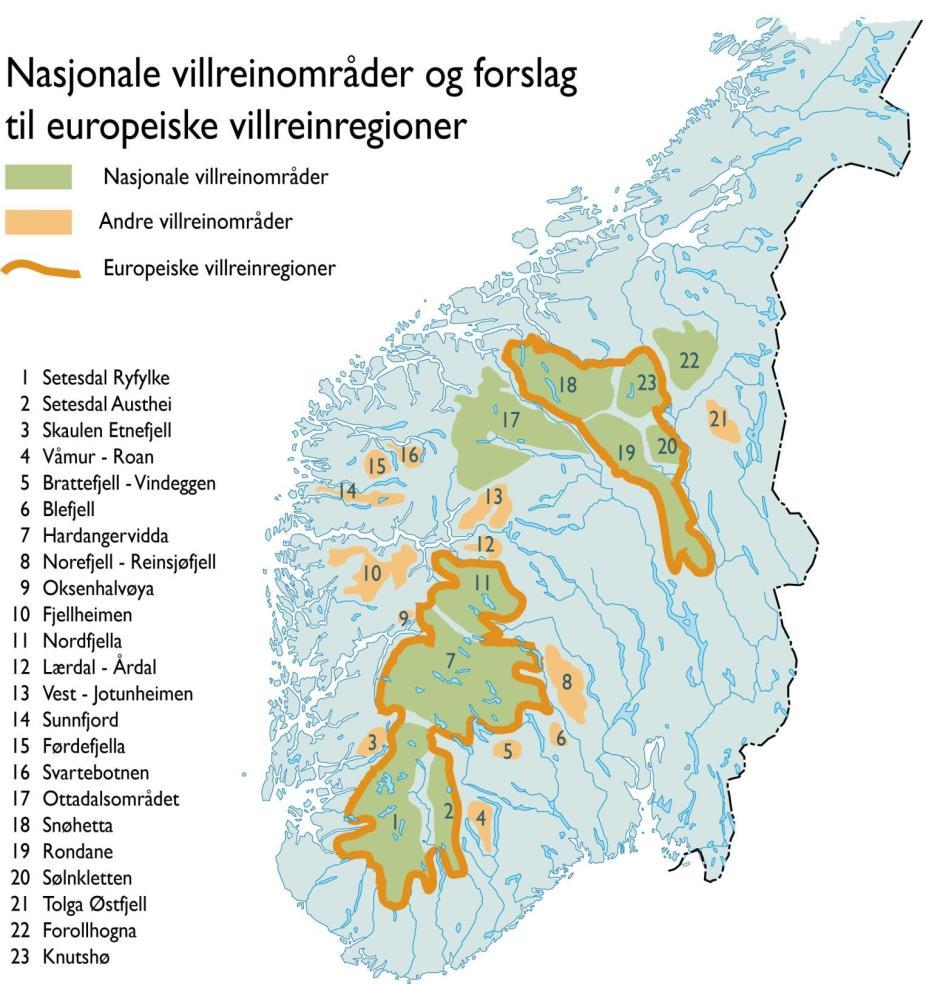 Figur 21. Villreinområder i Norge. I rovviltregion 2 inngår hele eller deler av villreinområdene 1, 2, 4-8 og 11. Setesdal (1 og 2), Hardangervidda (7) og Nordfjella er nasjonale villreinområder.