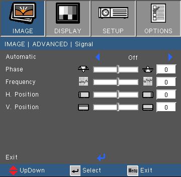 Brukerkontroller BILDE Avansert Signal (RGB) Signal støttes kun i Analog VGA (RGB)-signal. Automatic Velger automatisk signaler.