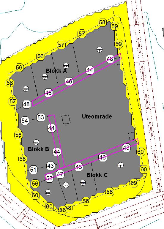 Figur 2 - Støysonekart med beregningshøyde 2 meter relativt høyde på uteområde. Døgnekvivalent fasadenivå i 1. boligetasje. Rosa markering viser mulige private uteplasser.