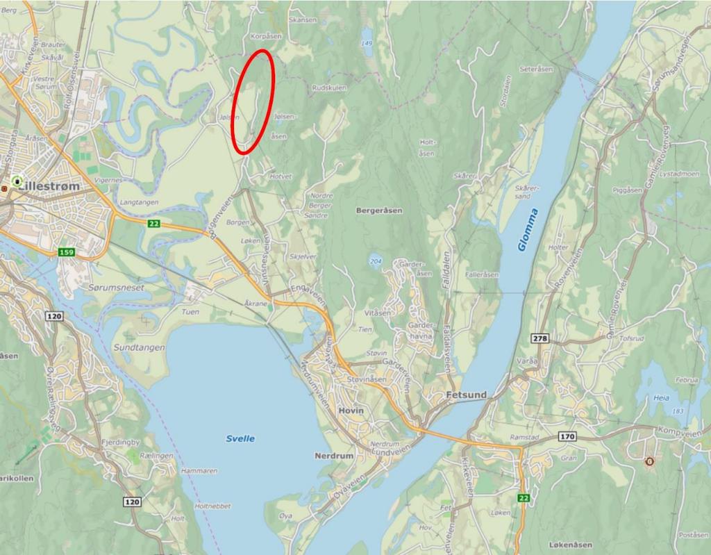 8 ROS-ANALYSE JØSLEN NÆRINGSOMRÅDE 2 Områdebeskrivelse Planområdet ligger mellom Jølsenåsen og Jølsen gård nordvest i Fet kommune, se Figur 1. Området omfatter ca 314 daa.