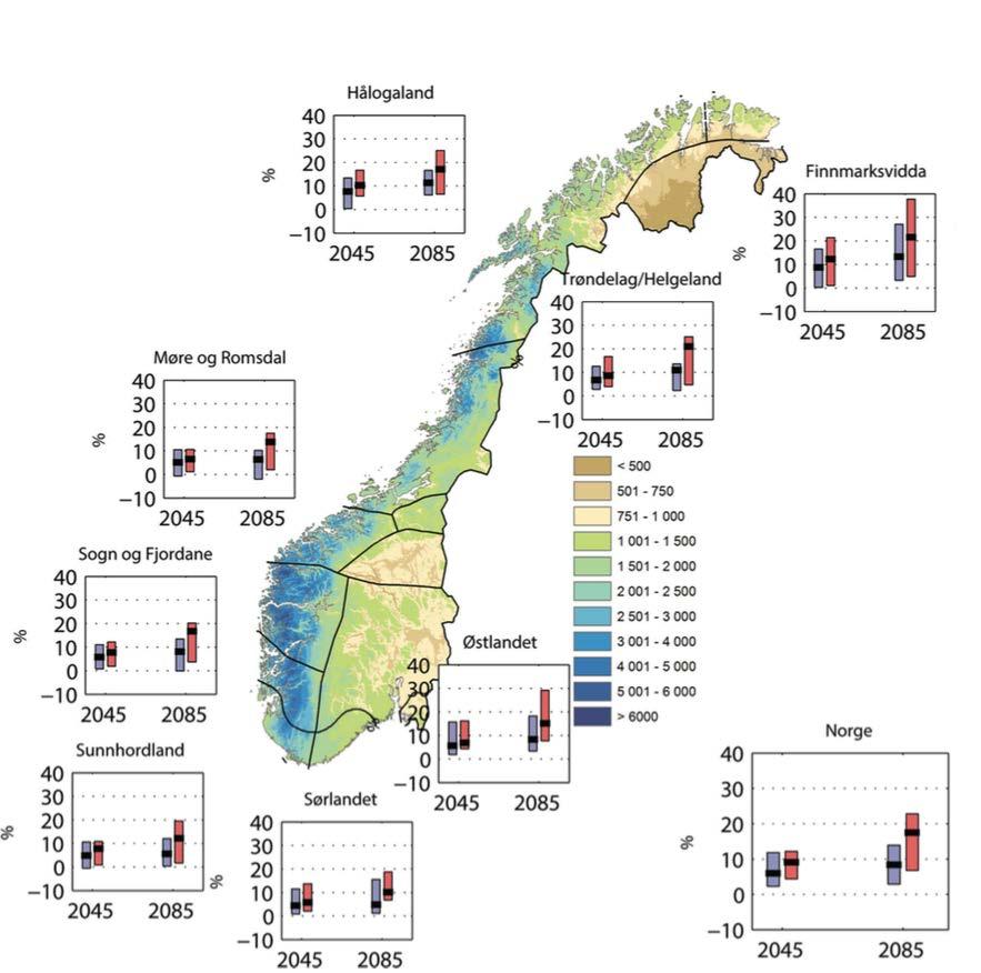 Årsnedbør i 1971-2000 og tilhørende endring i 2045 og 2085 Områder med minst årsnedbør