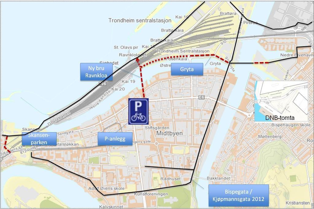 Midtbyen enkeltiltak Tiltaksbeskrivelse Det planlegges sykkelparkering i eksisterende og nye p-hus.