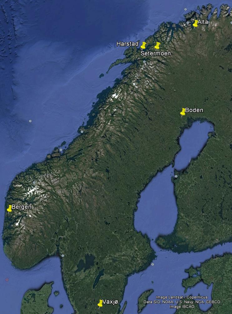 Målestrekk Sender (20 W) på Setermoen til Harstad 75 km Alta 230 km
