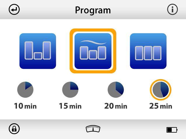 I programmenyen vises innstillingene med en oransje ramme rundt den valgte innstillingen. I eksempelet over er innstillingene "Pulserende 25 minutter". 4.