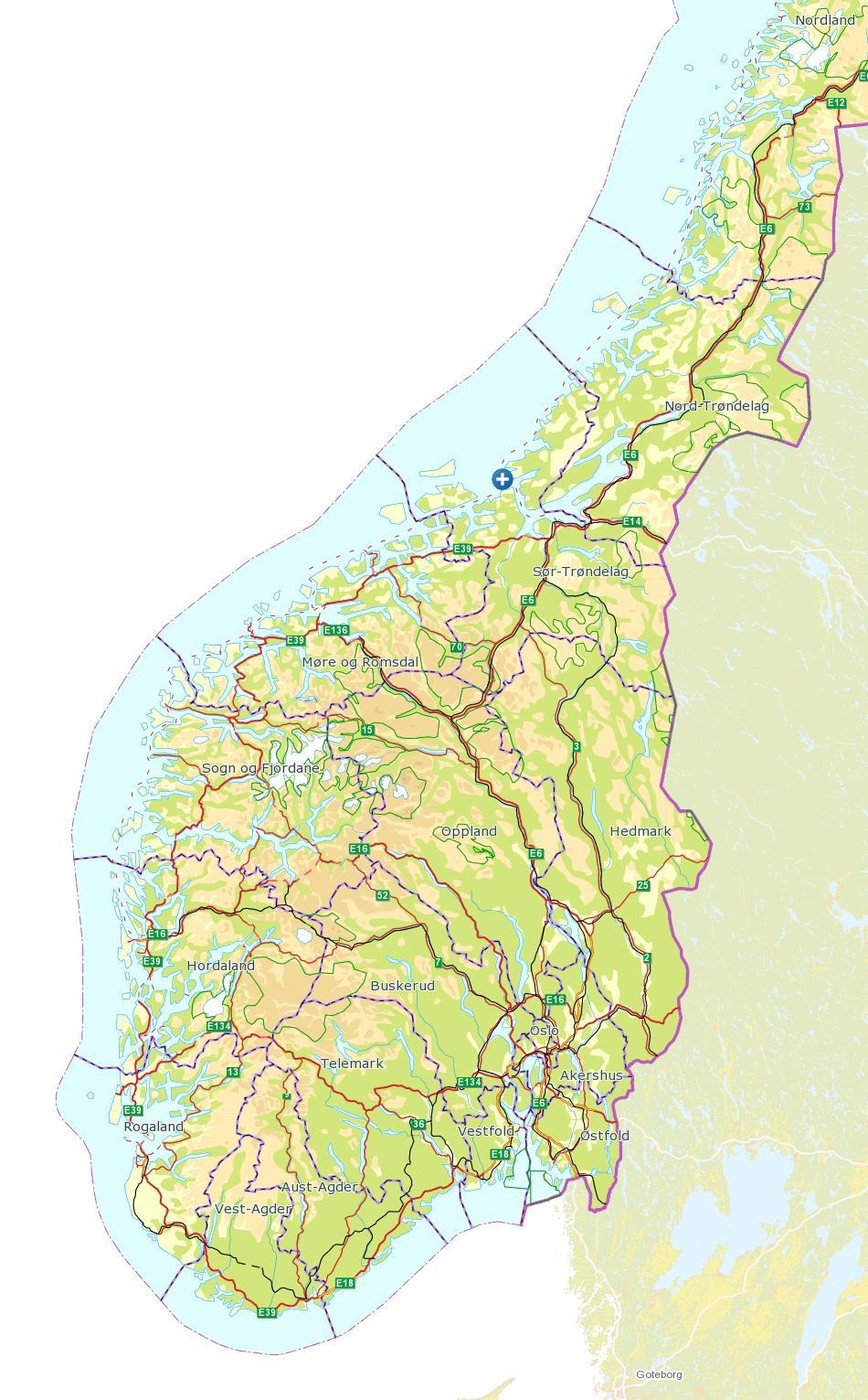 Fig 1: Blå sirkel med hvitt kors markerer lokalisering av Ørland