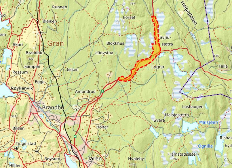 5 (21) 1. PLANOMRÅDETS BELIGGENHET OG AVGRENSING Planområdet utgjør ca 1100 daa og omfatter et område langs og omkring den eksisterende rv. 4.