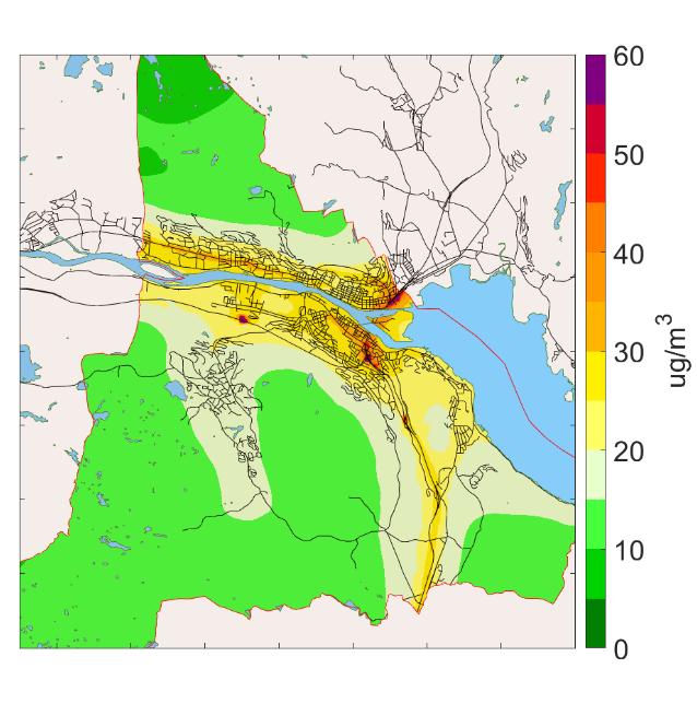 c) PM 10 årsmiddel (µg/m 3 ) Tiltak 2 d) Reduksjon i PM 10 årsmiddel (%) mellom Referanse2022 og Tiltak 2 Figur 6-2 Figuren til venstre viser beregnet årsmiddel for PM 10 (µg/m 3 ) for 2022 for