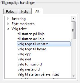 Handlingers egenskaper Lista over Tilgjengelige handlinger er delt inn i kategorier.