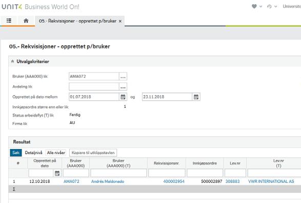 5.- Rekvisisjoner opprettet p/bruker Denne rapporter viser antall rekvisisjoner en bruker har registrert i UBW. Oversikt over rekvisisjoner som registreres på en bestemt stedkode.