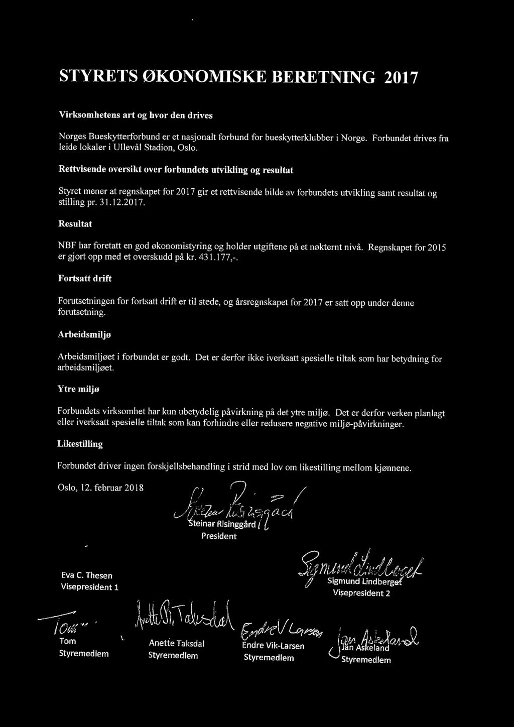 Rettvisende oversikt over forbundets utvikling og resultat Styret mener at regnskapet for 2017 gir et rettvisende bilde av forbundets utvikling samt resultat og stilling pr. 31.12.2017. Resultat NBF har foretatt en god økonomistyring og holder utgiftene på et nøkternt nivå.