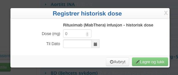 Når man registrerer cyclofosfamid eller rituximab som medikament, får man opp et felt med «Historisk dose/infusjonslogg».