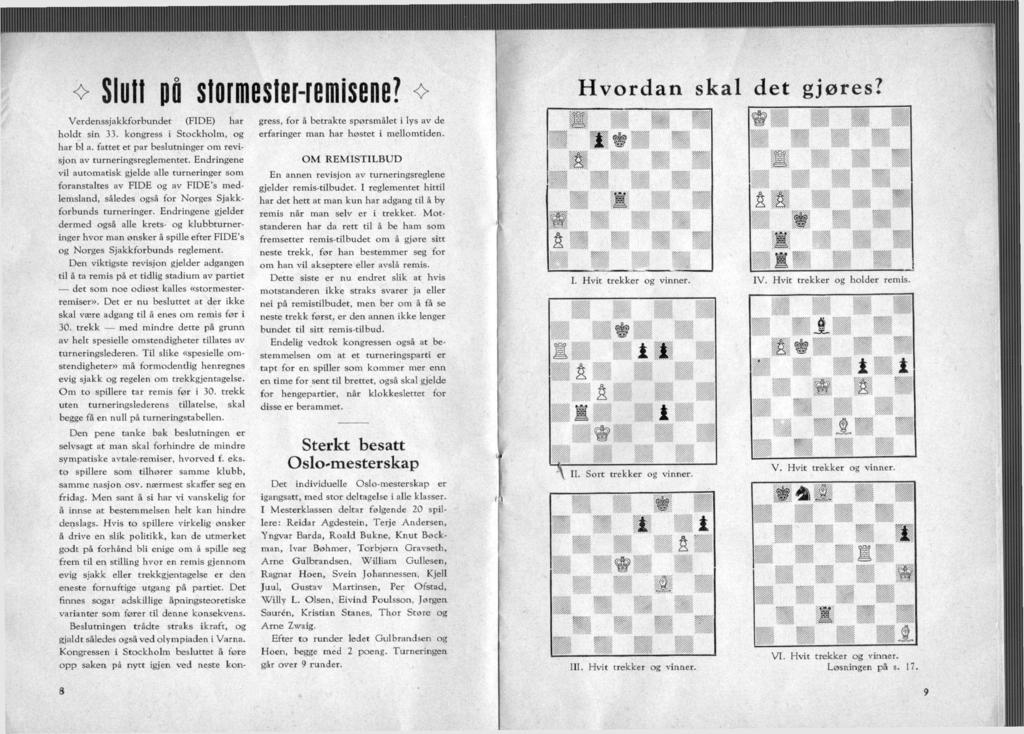 o- Slutt på stormester-remisene? Hvordan skal det gjøres? Verdenssjakkforbundet (FIDE) har holdt sin 33. kongress i Stockholm, og har bl a.