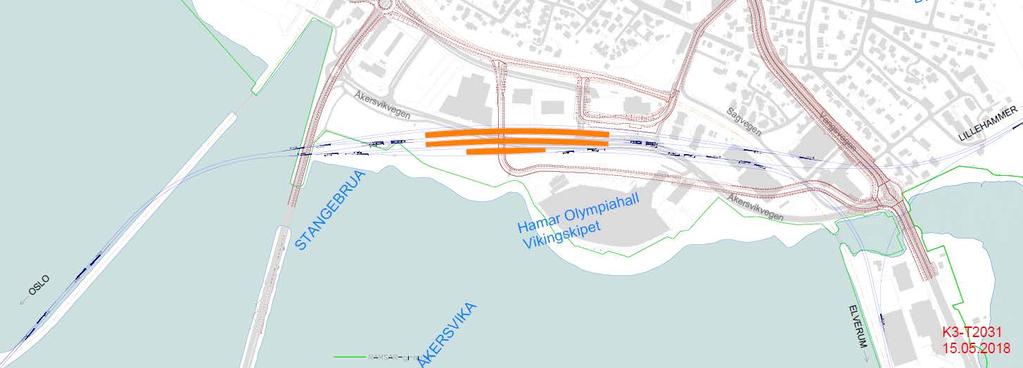 Ø1 Stasjon i korridor øst med ny stasjon ved Vikingskipet - fra tilleggsutredningen Tilleggsutredningen med tilsving som i tilleggsutredningen fra