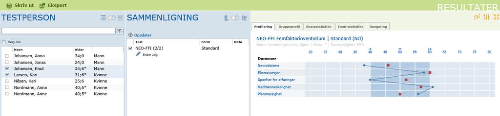 For å sammenligne en enkelt testpersons resultat velg testperson i listen til venstre. Velg deretter de tester som skal sammenlignes. Bilde 46. 5.2.