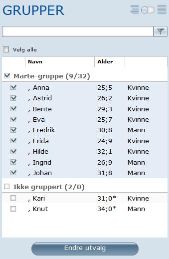 Om du har laget grupper og vil eksportere resultatene for en hel gruppe, kan du sortere listen basert på grupper ved å